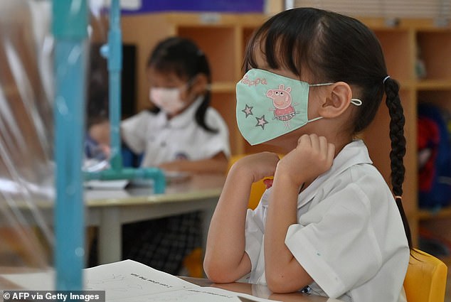 Ministers have said face masks would not protect people who spend a lot of time together - like children and their teachers. Pictured, a schoolchild in Thailand