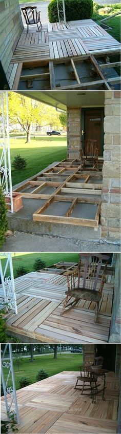 DIY Pallet Wood Front Porch or deck/patio in back yard Pallet Crafts, Pallet Projects, Home Projects, Diy Crafts, Wood Pallets, Pallet Wood, Diy Pallet, Pallet Porch, Diy Wood